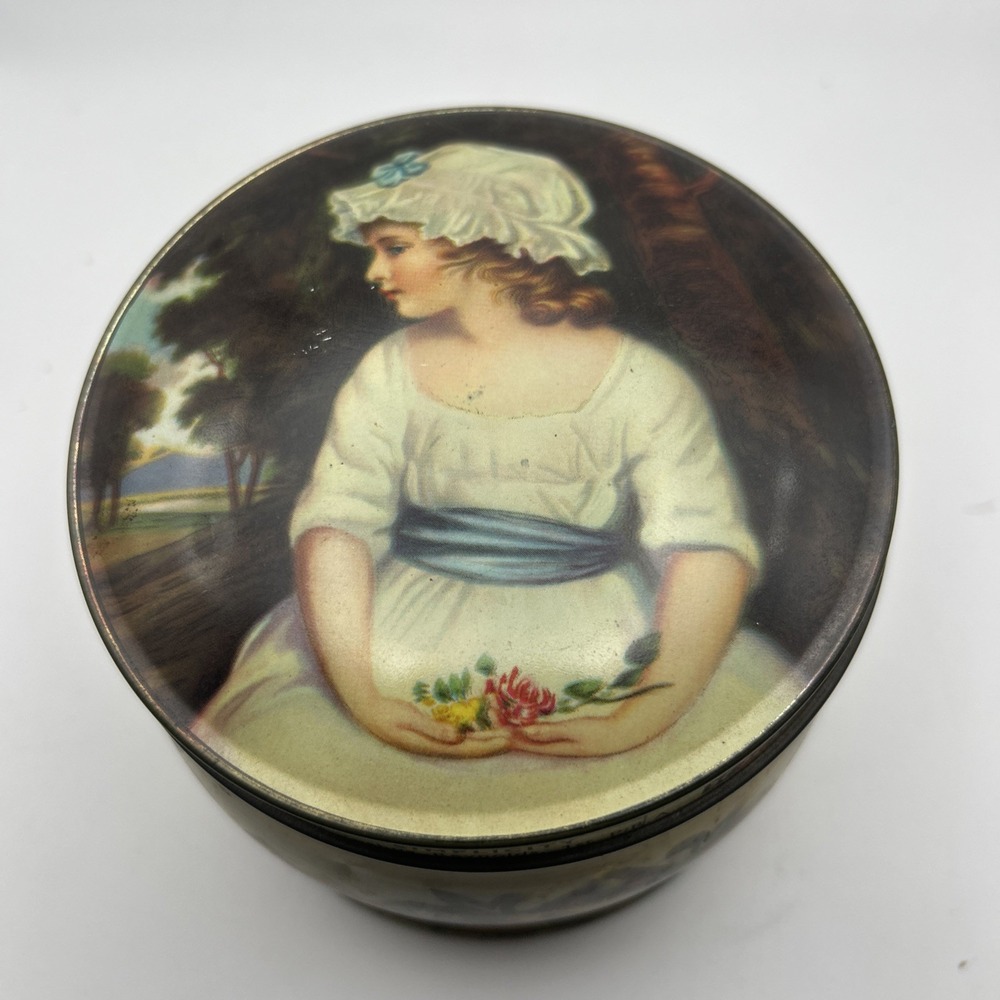 Vintage Thornes Confectionery Tin England Young Girl White Dress Blue Bow 3" H